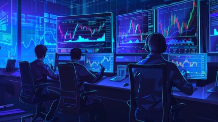 A group of people are sitting at computer monitors in a room