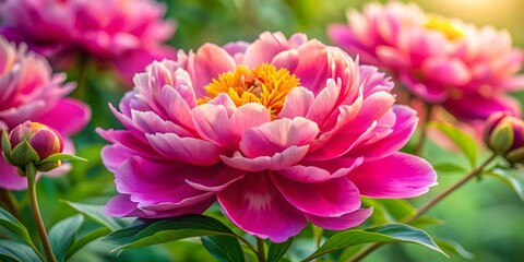 Fototapeta premium A Beautiful Close-Up Of A Pink Peony Flower In Full Bloom, Surrounded By Green Leaves.