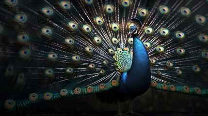 Obraz premium Chinoiserie painting, macro shot photo of peacock with peony branch background , moody vintage wall art, wallpaper