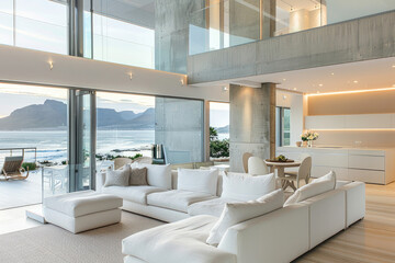 A modern open plan living room with floor to ceiling windows, overlooking the ocean in Cape Town South Africa