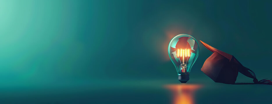 Eye-level angle, concept of business education, minimalistic copyspace, glowing light bulb, graduation cap resting on light bulb, digital illustration, bright and clean aesthetic