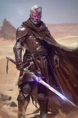 Naklejka premium An elderly warrior, adorned in armor, gazes into the barren desert. His weathered face and sword shine, hinting at a life of struggle