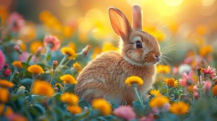 Brown bunny in a colorful flower meadow during sunset, nature and wildlife concept