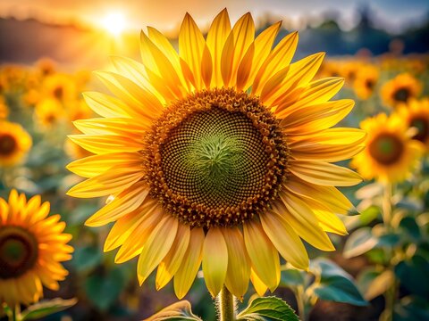 A Beautiful Sunflower In Full Bloom Against A Backdrop Of Setting Sun