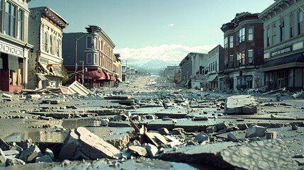 An ultra-sharp and clear image of a powerful earthquake causing severe damage to a city street, with buildings crumbling and roads cracked, highly detailed