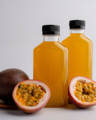 Fresh passion fruit juice in glass with passion fruits on white background.