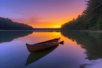 Obraz premium A breathtaking sunset over a serene, crystal-clear lake. The sky is ablaze with vibrant colors, ranging from deep reds and oranges to yellows and purples, the sun dips below the horizon. rowboat