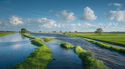 An ultra-sharp and clear image of a well-maintained levee protecting farmland from potential floods, highlighting infrastructure investments in natural disaster reduction, highly detailed