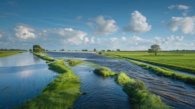 An ultra-sharp and clear image of a well-maintained levee protecting farmland from potential floods, highlighting infrastructure investments in natural disaster reduction, highly detailed