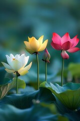 Obraz premium Four lotus flowers in various shades of pink, yellow, and white, rise from a serene pond with large leaves. The gentle morning light casts a soft glow on the delicate petals