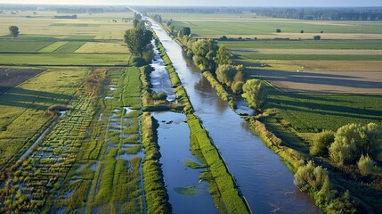 An ultra-sharp and clear image of a well-maintained levee protecting farmland from potential floods, highlighting infrastructure investments in natural disaster reduction, highly detailed