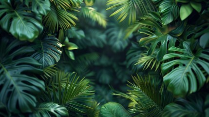 Densely packed tropical jungle foliage, green lush leaves background. Nature and environment concept