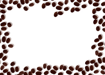 A close up of coffee beans scattered across a white background Concept of warmth and comfort, as coffee is often associated with relaxation and socializing. The beans are of various sizes and shapes
