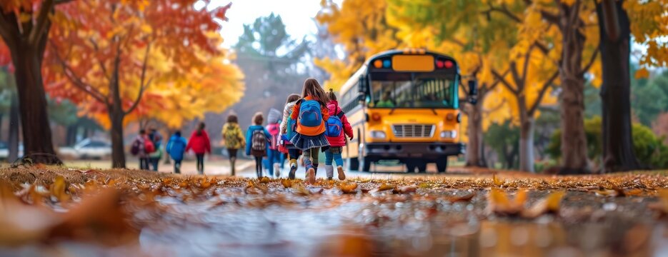 Group of excited school children with backpacks, autumn trees splashing gold and red, blurred school bus in the distance, wide-angle perspective, capturing the essence of a new school year