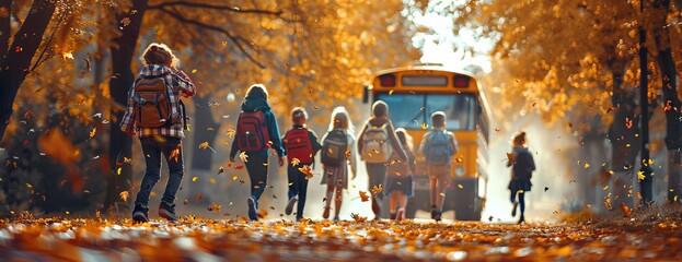 Group of excited school children with backpacks, autumn trees splashing gold and red, blurred school bus in the distance, wide-angle perspective, capturing the essence of a new school year