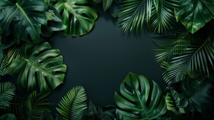 Tropical green leaves frame on dark background, nature and foliage concept