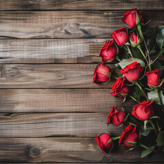 A stunning bouquet of fresh red roses lying on a rustic wooden background, symbolizing romance