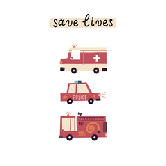 Cute cartoon cars vector collection isolated on white. Hand drawn flat vehicle set. Police auto, ambulance, fire truck.