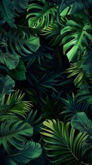 Lush tropical foliage with deep green leaves, natural background. Botanical and nature concept