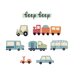 Cute cartoon cars vector collection isolated on white. Hand drawn flat vehicle set. Tractor, train, ice cream truck, scooter, auto, locomotive, concrete mixer