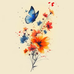 Elegant Blue Butterfly Soaring Above a Watercolor Floral Bouquet