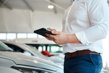 Car dealership, hands or man with tablet for vehicle, finance or online application for website...