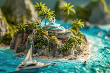 Obraz premium Miniature boat on a small island in calm waters