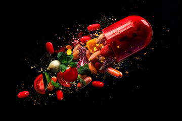 Medicine bottle spilling colorful pills depicting addiction risks,
Medication jar in the style of new american color photography
