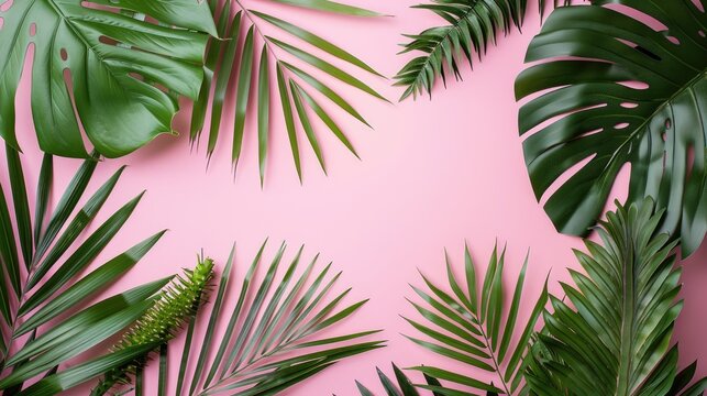 Tropical palm leaves on pink background Summer theme top down view with space for text