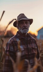 A rustic portrait of a farmer standing proudly in their field, surrounded by crops and the beauty of the countryside