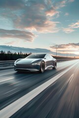 Naklejka premium A silver car drives down a highway during a beautiful sunset