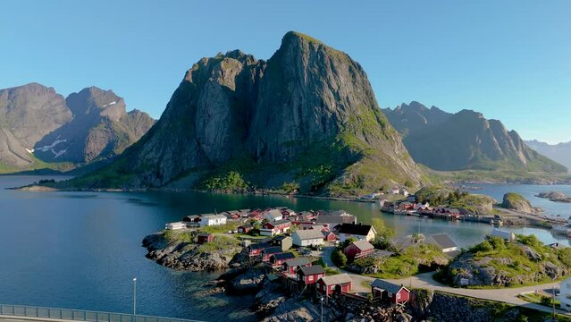 Lofoten Islands Norway, Hamnoy, fishermen village with the typical red houses of the Lofoten Islands in summer