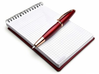 A red fountain pen rests atop a gridded notebook, ready to capture thoughts and ideas. The clean white pages and the elegant pen suggest a space for creativity and contemplation