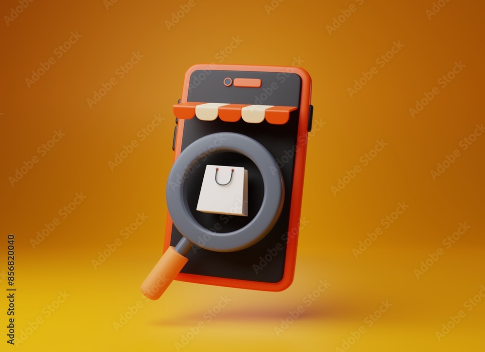 Poster find product shopping on smartphone of web-based retail with shopping bag. 3d render