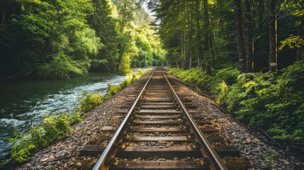 A train track runs through a dense forest next to a serene river