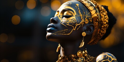 a black woman with golden tribal face paint	
