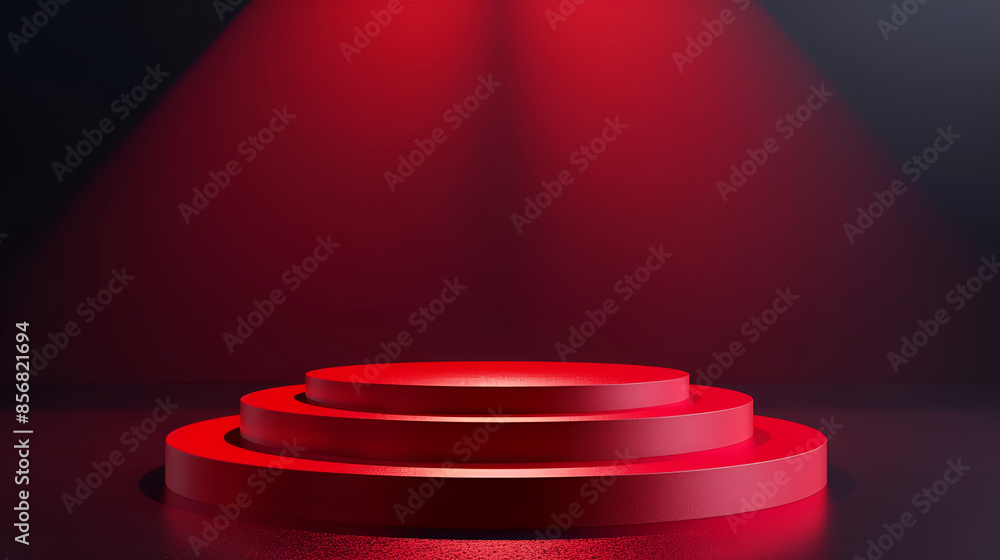 Poster red round podium on the red background,red background with red podium stage up in the air 3d renderi