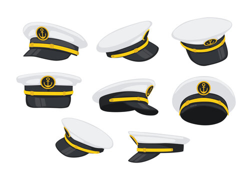 Set of sailor hat collection with different view or angle, Navy Captain's Hat, with anchor and bay leaves emblem, gold plating, Sea cruise concept, sailor cap sign, captain sailor hat, vector.
