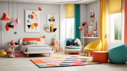 A playful and vibrant kids living room with a minimalist twist, incorporating geometric shapes and bold pops of color