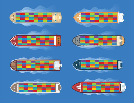 Set of cargo ship top view, cargo ship container in the ocean above view, transportation, logistics or international shipping concept, Sea transportation vehicle. Transport boat, vector illustration.