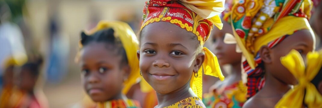 Benin Independence Day. Horizontal banner. Smiling children in national costumes. Free space for text