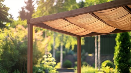 Fototapeta premium The subtle movement of a fabric canopy on a garden gazebo capturing the essence of a tranquil oasis.