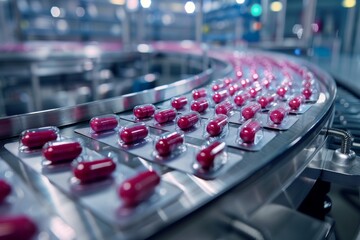 Obraz premium Witness the attention to detail in pharmaceutical packaging with studio isolate shots highlighting the medicine tablet production line.