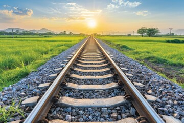 Obraz premium Scenic view of a railway track at sunset under the captivating hues of a golden sky