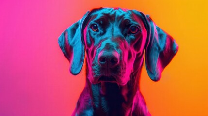 Brightly colored retro dog in pop art style, set against a funky high energy, 1980s graphic design elements