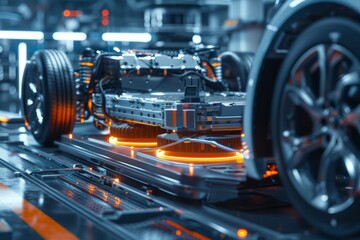 Fototapeta premium Witness the scale and innovation in electric vehicle production with studio isolate shots showcasing the mass assembly of battery cells.