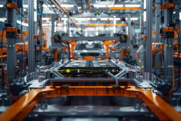 Witness the scale and innovation in electric vehicle production with studio isolate shots showcasing the mass assembly of battery cells.
