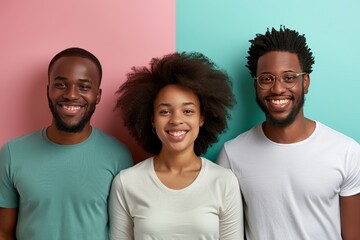 Obraz premium Happy family in white shirts on pastel background, perfect for advertising with text space
