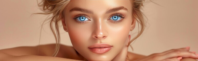 Fototapeta premium Closeup Portrait Of Woman With Blonde Hair And Blue Eyes