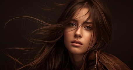 Woman With Long Brown Hair Posing for Portrait in Studio